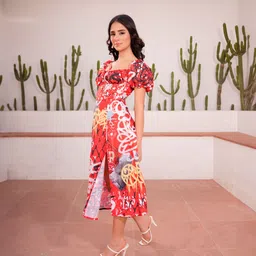 Stylecast X Hersheinbox Print Tie-Up Neck Puff Sleeve Side Slit A-Line Midi Dress image 4