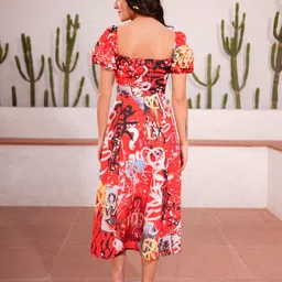 Stylecast X Hersheinbox Print Tie-Up Neck Puff Sleeve Side Slit A-Line Midi Dress image 5