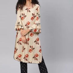 Blissta Beige Floral Print Straight Kurta-image-3