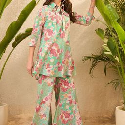 IMANA Floral Printed Pure Cotton Shirt Collar Neck Tunic With Palazzo Co-Ords-image-38