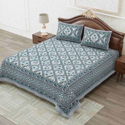 MAFATLAL Grey & Blue Floral 144 TC King Bedsheet with 2 Pillow Covers-image-47