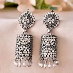 VOJ Silver-Plated Artificial Stones Studded and Beaded Dome Shaped Jhumkas-2