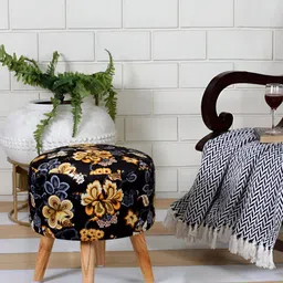 Shadowkart Black & Yellow Printed Wooden Pouffe Ottoman-5