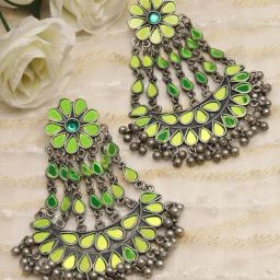 Moedbuille Mirror Work Afghan Tribal Design Oxidized Silver-Plated Handcrafted Tasselled Danglers-6