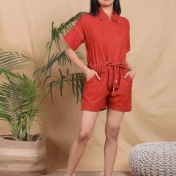Mushio Red Saumya Handwoven Khadi Playsuit-picture-11