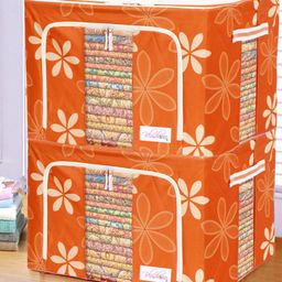 BlushBees Set Of 2 Orange & White Printed Multi-Utility Clothes Storage Boxes image 1