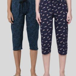 Kryptic Blue Pure Cotton Elasticated Waist Band Relaxed Fit Printed Capris - Pack of 2-image-81