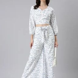 SHOWOFF Light Blue Georgette Printed Crop Top With Pants-picture-9