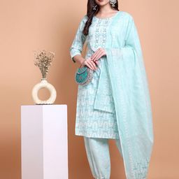 WILL BOTTOM Women Floral Printed Regular Thread Work Pure Cotton Kurta with Trousers & With Dupatta-image-92
