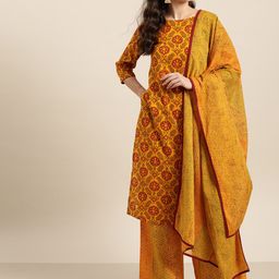 Sangria Women Mustard Yellow & Red Pure Cotton Printed Kurta with Palazzos & Dupatta-image-51