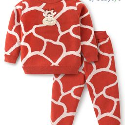 Babyoye  100% Cotton Solid Dyed Full Sleeves Giraffe Design Sweater Set - Brown-image-94