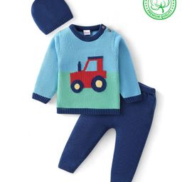 Babyhug Organic Cotton Knit Full Sleeves Baby Sweater Set with Cap & Tractor Design - Blue-image-69