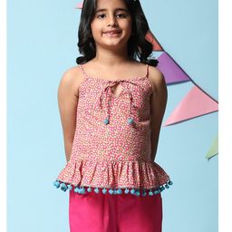 BIBA Cambric Sleeveless Abstract Printed & Pom Pom Detail Top - Pink-image-101