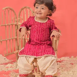 VASTRAMAY SISHU Full Sleeves Bandhej Printed & Gota Lace Embellished Kurta With Pyjama - Pink-picture-39