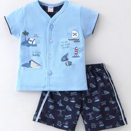 Cucumber Cotton Sinker Knit Half Sleeves Night Suit Beach Print - Blue-picture-16