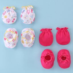 Ben Benny 100% Cotton Knit Mitten & Booties Set Solid & Unicorn Print Pack of 2- Pink & White-picture-5