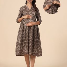 CRAFIQA Three Fourth Sleeves Floral Motif  Printed Maternity Dress With Concealed Zipper Nursing Access - Grey-image-48