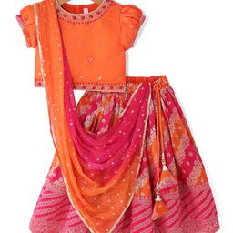 Babyhug Woven  Short Sleeves Sequin  Embroidered Choli & Floral Printed  Lehenga Set with Duppatta - Orange & Fuschia-image-103