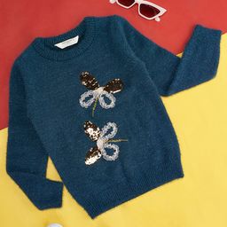 Pantaloons Junior Full Sleeves Butterfly Sequin Embellished Sweater - Blue-picture-32