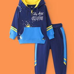 Ollington St. Cotton Knit Full Sleeves Hooded Sweatshirt & Joggers Winter Wear Set With Kangaroo Pocket & Text Print - Navy-image-92