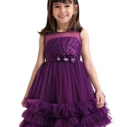Babyhug Woven Sleeveless Fit and Flare Party Frock with Corsage & Frill Details At Hem - Wine-image-8