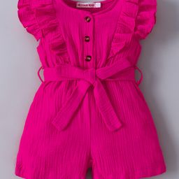 Kookie Kids Cotton Frill Sleeves Front Open Solid Color Jumpsuit - Fuchsia-image-11