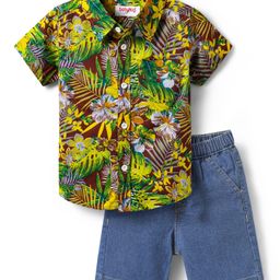 Babyhug Cotton Woven Half Sleeves Shirt & Denim Short with Floral Print - Blue-image-38