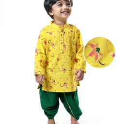 EARTHY TOUCH Cambric Woven Full Sleeves Kurta Dhoti Set With Floral Print - Yellow & Green-image-73