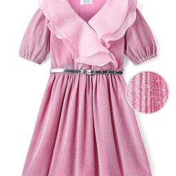 Hola Bonita Knit Half Sleeves Double Collar Shimmer Party Dress - Pink-image-40