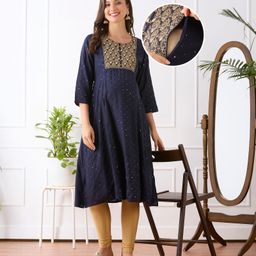 Bella Mama Woven Three Fourth Sleeves Embroidered Maternity Kurta with Pocket - Navy Blue-picture-12