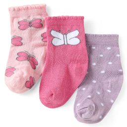 Cute Walk by Babyhug Knit Ankle Length Antibacterial Socks with Butterfly & Polka Dot Design Pack Of 3 - Pink & Lavender-image-84