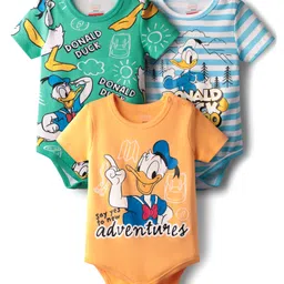 Babyhug Disney Interlock Knit Half Sleeves Onesies With Donald Duck Graphics Pack of 3 - Green Peach & Light Blue-picture-34