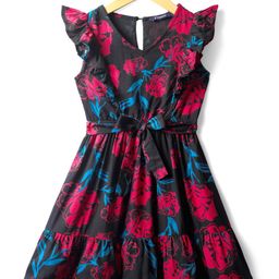 Pine Kids Rayon Woven Frill Sleeves Frock with Fabric Belt & Floral Print - Black-image-85