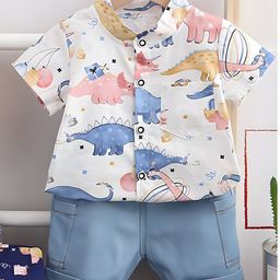 Googo Gaaga Cotton Knit Half Sleeves Dinosaurs Printed Mandarin Collar Shirt & Shorts Set - Pink-image-5