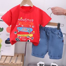 Googo Gaaga Cotton Woven Half Sleeves Non Stop Text Printed Tee & Shorts Set - Red-image-71