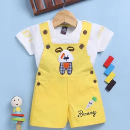 Jb Club Cotton Knit Bunny Text Embroidered & Dog Patch Detailed Dungaree With Half Sleeves Tee - Yellow-picture-28