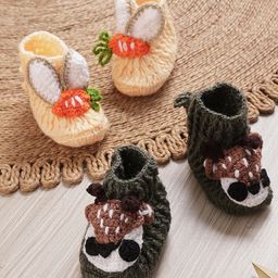 MayRa Knits Knit Set Of 2 Carrot & Deer Applique Detailed Booties - Grey & Yellow-picture-25