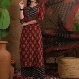 Sangria Printed Pure Cotton Round Neck Straight Kurta & Palazzo With Dupatta-image-88