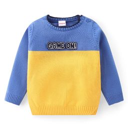 Babyhug Knitted Full Sleeves Sweater Set with Colour Block Design & Patch Work Detailing - Yellow & Blue image 2