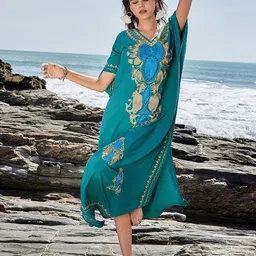 JC Mode Embroidered V-Neck Midi Swimwear Cover Up Top-image-74