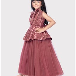 Betty By Tiny Kingdom Sleeveless Shimmer & Floral Applique Detailed Party Wear Net Gown - Brown image 4