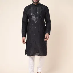 W & G Geometric Embroidered Mandarin Collar Mirror Work Pure Silk Kurta with Churidar-picture-6