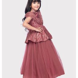 Betty By Tiny Kingdom Sleeveless Shimmer & Floral Applique Detailed Party Wear Net Gown - Brown image 5