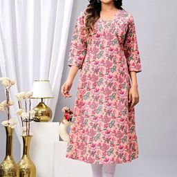 Arudhi Floral Printed V-Neck Panelled Cotton A-Line Kurta-image-95