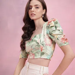 DressBerry Floral Print Paneled Puff Sleeve Crop Top-43