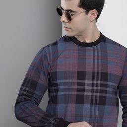 The Indian Garage Co Men Navy Blue & Pink Checked Sweatshirt-image-33