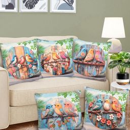 FABINALIV Green & Blue 5 Pieces Floral Printed Velvet Square Cushion Covers-24