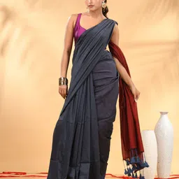 Charukriti Colourblocked Pure Cotton Saree with Tassel Detailing-image-73