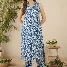 Indo Era Floral Screen Printed V-Neck Pure Cotton Straight Kurta With Trousers-picture-32