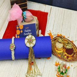 Craftlayout 5Pcs Rakhi Lumba Rakhi With White Moti & Latkan Gift Set-image-90